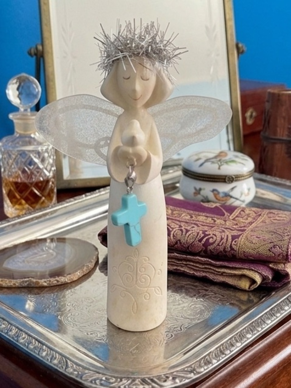 Department 56 Angel Figurine Holding a Dove and a Blue/Turquoise Cross